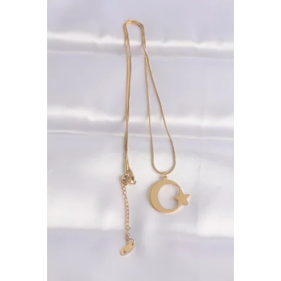 BUĞZ 316L Çelik Zincir Gold Renk Ay Yıldız Unisex Kolye - Lisinya