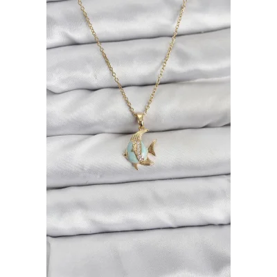 BUĞZ 316L Çelik Zincir Gold Renk Balık Model Zirkon Taşlı Kadın Kolye