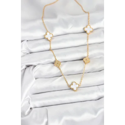 BUĞZ 316L Çelik Zincir Gold Renk Beyaz ve Zirkon Taşlı Yonca Kadın Kolye - Lisinya