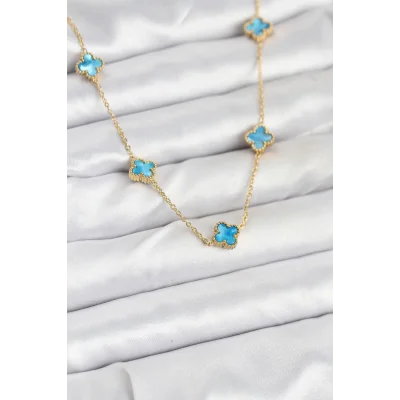 BUĞZ 316L Çelik Zincir Gold Renk Buz Mavisi Baby Boy Yonca Kadın Kolye