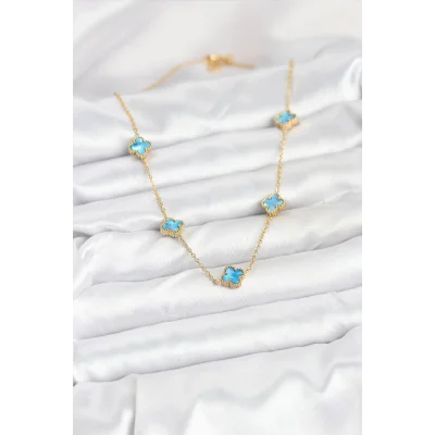 BUĞZ 316L Çelik Zincir Gold Renk Buz Mavisi Baby Boy Yonca Kadın Kolye - Lisinya