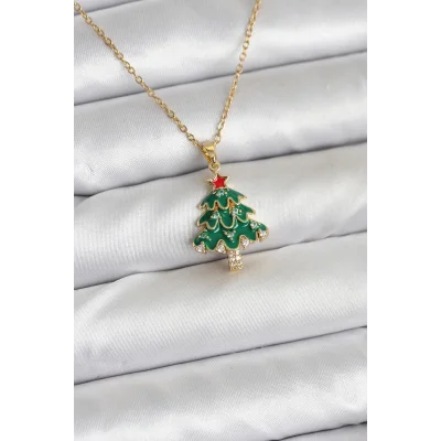 BUĞZ 316L Çelik Zincir Gold Renk Çam Ağacı Model Yılbaşı Temalı Kadın Kolye
