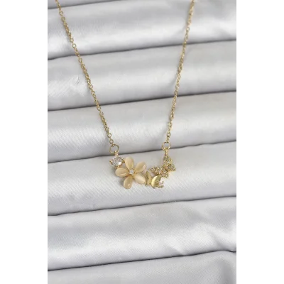 BUĞZ 316L Çelik Zincir Gold Renk Çiçek ve Kelebek Model Kadın Kolye