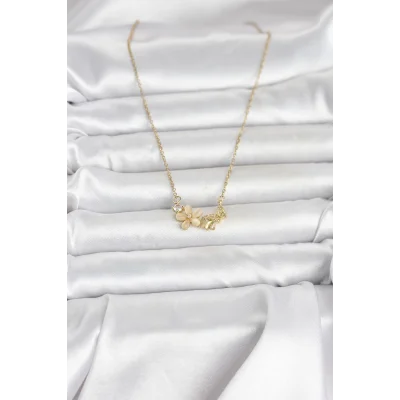 BUĞZ 316L Çelik Zincir Gold Renk Çiçek ve Kelebek Model Kadın Kolye - BUĞZ