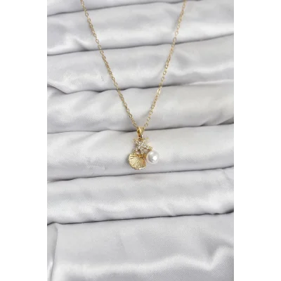 BUĞZ 316L Çelik Zincir Gold Renk Deniz Kabuğu ve Deniz Yıldızı Model Zirkon Taşlı Kadın Kolye