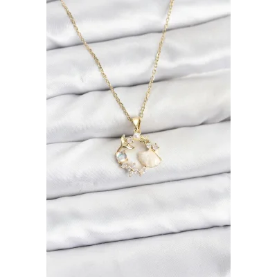 BUĞZ 316L Çelik Zincir Gold Renk Deniz Tema Model Zirkon Taşlı Kadın Kolye