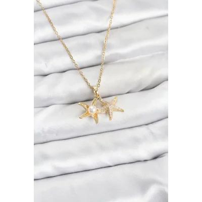 BUĞZ 316L Çelik Zincir Gold Renk Deniz Yıldızı Model Zirkon Taşlı Kadın Kolye