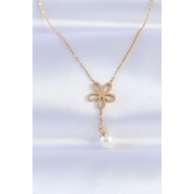BUĞZ 316L Çelik Zincir Gold Renk İnci Detay Çiçek Kolye