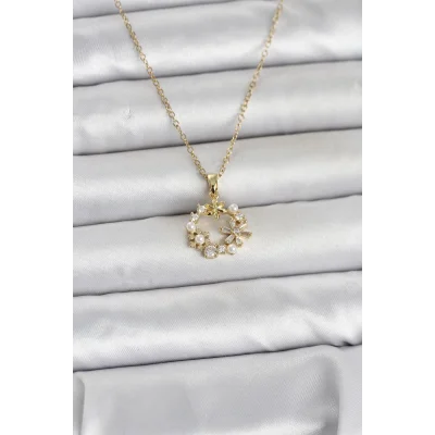 BUĞZ 316L Çelik Zincir Gold Renk İncili Çiçek Model Kadın Koyle