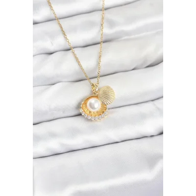 BUĞZ 316L Çelik Zincir Gold Renk İncili Deniz Kabuğu Model Zirkon Taşlı Kadın Kolye