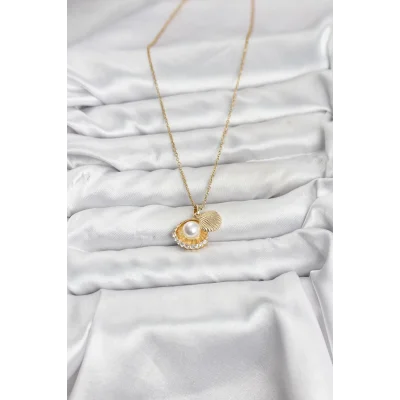 BUĞZ 316L Çelik Zincir Gold Renk İncili Deniz Kabuğu Model Zirkon Taşlı Kadın Kolye - BUĞZ
