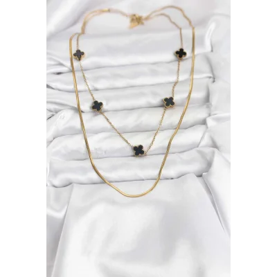 BUĞZ 316L Çelik Zincir Gold Renk İtalyan Zincirli Siyah Yonca Model Kadın Kolye - Lisinya