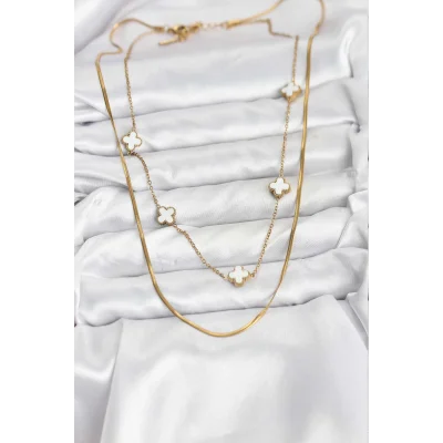 BUĞZ 316L Çelik Zincir Gold Renk İtalyan Zincirli Yonca Model Kadın Kolye - Lisinya