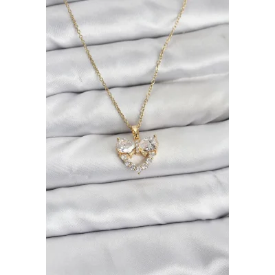 BUĞZ 316L Çelik Zincir Gold Renk Kalp ve Fiyonk Model Zirkon Taşlı Kadın Kolye
