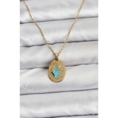 BUĞZ 316L Çelik Zincir Gold Renk Kelebek Figür Kadın Kolye