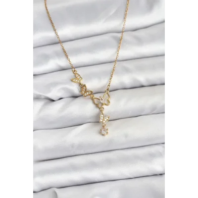 BUĞZ 316L Çelik Zincir Gold Renk Kelebek Model Kadın Kolye