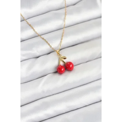 BUĞZ 316L Çelik Zincir Gold Renk Kiraz Model Kadın Kolye