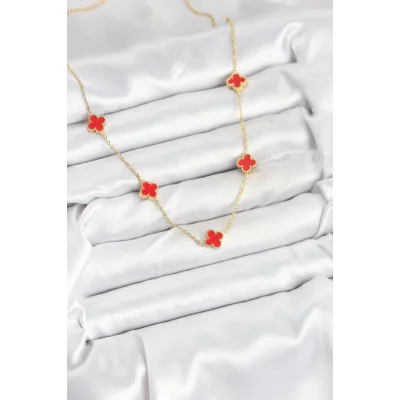 BUĞZ 316L Çelik Zincir Gold Renk Kırmızı Baby Boy Yonca Kadın Kolye - Lisinya