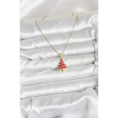 BUĞZ 316L Çelik Zincir Gold Renk Kırmızı Çam Ağacı Model Yılbaşı Temalı Kadın Kolye - Lisinya