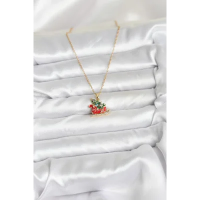 BUĞZ 316L Çelik Zincir Gold Renk Kızak ve Çam Ağacı Figürlü Yılbaşı Temalı Kadın Kolye - Lisinya