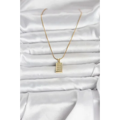 BUĞZ 316L Çelik Zincir Gold Renk Külçe Altın Model Kadın Kolye - BUĞZ