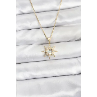 BUĞZ 316L Çelik Zincir Gold Renk Kutup Yıldızı Model Zirkon Taşlı Kadın Kolye