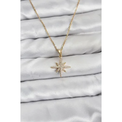 BUĞZ 316L Çelik Zincir Gold Renk Kutup Yıldızı Model Zirkon Taşlı Kadın Kolye