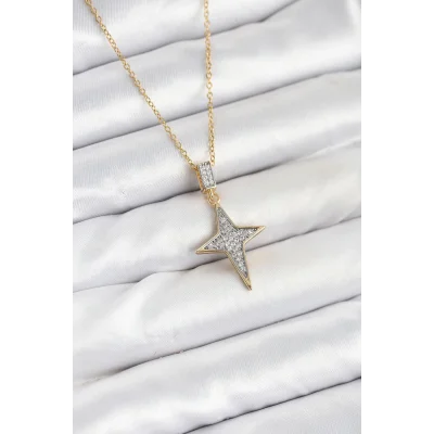 BUĞZ 316L Çelik Zincir Gold Renk Kutup Yıldızı Model Zirkon Taşlı Kadın Kolye
