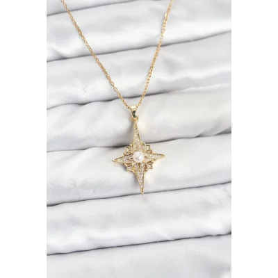 BUĞZ 316L Çelik Zincir Gold Renk Kutup Yıldızı Model Zirkon Taşlı Kadın Kolye
