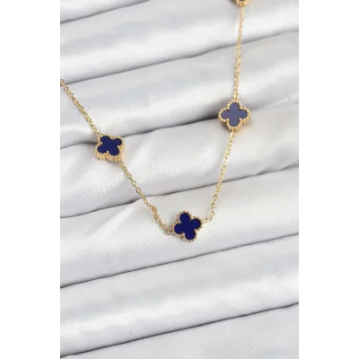 BUĞZ 316L Çelik Zincir Gold Renk Lacivert Baby Boy Yonca Kadın Kolye
