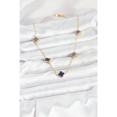 BUĞZ 316L Çelik Zincir Gold Renk Lacivert Baby Boy Yonca Kadın Kolye - Lisinya