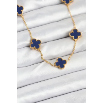 BUĞZ 316L Çelik Zincir Gold Renk Lacivert Yonca Kadın Kolye