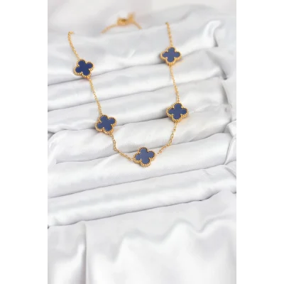 BUĞZ 316L Çelik Zincir Gold Renk Lacivert Yonca Kadın Kolye - Lisinya