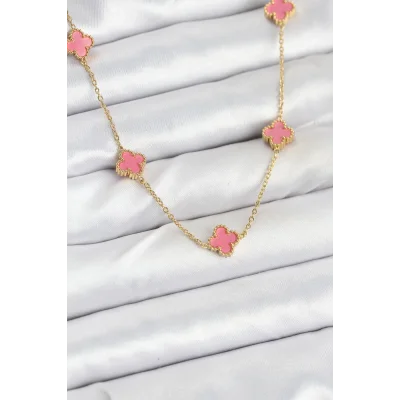 BUĞZ 316L Çelik Zincir Gold Renk Pembe Baby Boy Yonca Kadın Kolye