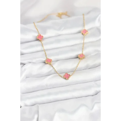 BUĞZ 316L Çelik Zincir Gold Renk Pembe Baby Boy Yonca Kadın Kolye - Lisinya