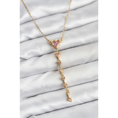 BUĞZ 316L Çelik Zincir Gold Renk Pembe Kalp Kadın Kolye