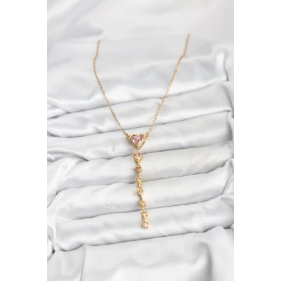 BUĞZ 316L Çelik Zincir Gold Renk Pembe Kalp Kadın Kolye - Lisinya