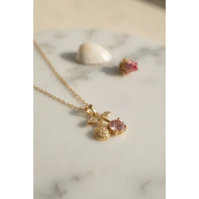 BUĞZ 316L Çelik Zincir Gold Renk Pembe Kiraz Model Kolye
