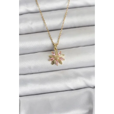 BUĞZ 316L Çelik Zincir Gold Renk Pembe Papatya Model Kadın Kolye