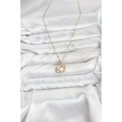 BUĞZ 316L Çelik Zincir Gold Renk Pembe Taş Detaylı Çelenk Model Kadın Kolye - BUĞZ