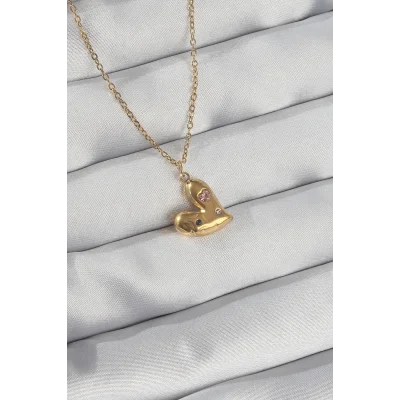 BUĞZ 316L Çelik Zincir Gold Renk Renkli Zirkon Taşlı Kalp Kolye