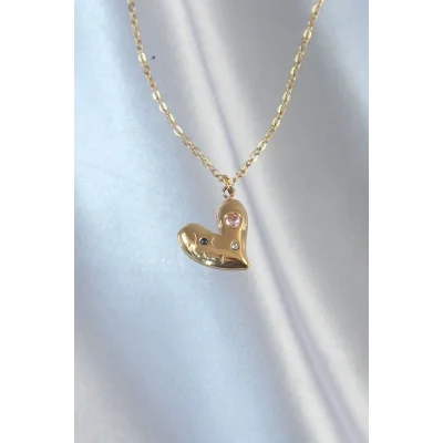 BUĞZ 316L Çelik Zincir Gold Renk Renkli Zirkon Taşlı Kalp Kolye - Lisinya