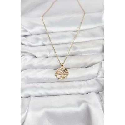 BUĞZ 316L Çelik Zincir Gold Renk Şans Kolyesi Model Zirkon Taşlı Kadın Kolye - BUĞZ