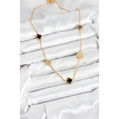 BUĞZ 316L Çelik Zincir Gold Renk Siyah ve Zirkon Taşlı Baby Boy Yonca Kadın Kolye - Lisinya