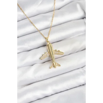 BUĞZ 316L Çelik Zincir Gold Renk Uçak Model Kadın Kolye