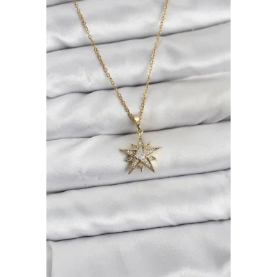 BUĞZ 316L Çelik Zincir Gold Renk Yıldız Model Zirkon Taşlı Kadın Kolye