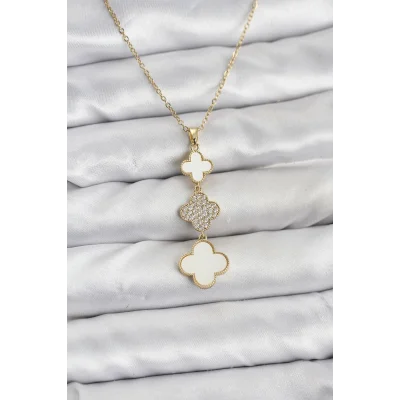 BUĞZ 316L Çelik Zincir Gold Renk Yonca Detaylı Zirkon Taşlı Kadın Kolye