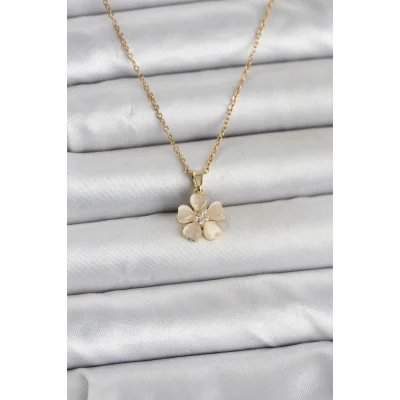 BUĞZ 316L Çelik Zincir Gold Renk Yonca Model Kadın Kolye