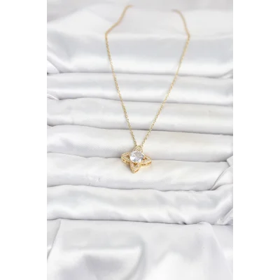 BUĞZ 316L Çelik Zincir Gold Renk Yonca Model Kadın Kolye - BUĞZ