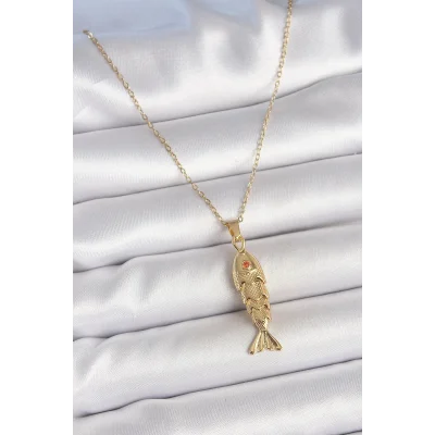 BUĞZ 316L Çelik Zincir Gold Renk Zirkon Taşlı Balık Figürlü Kolye